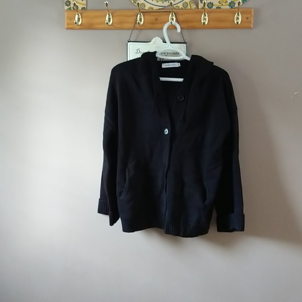 BLACK HOODED BUTTON DOWN SWEATER Size M